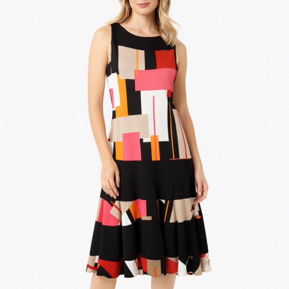 Joseph Ribkoff Geometric Colorblock Sleeveless Fit & Flare Dress Womens Size 6